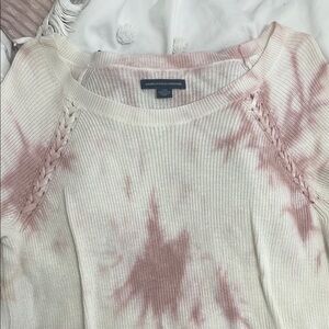 American Eagle Outfitters Pink and White Crew Neck Sweater